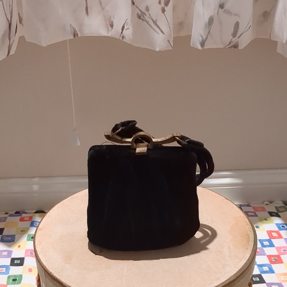 Chic vintage Black velvet Mini Bag with small mirror and attached change purse.
